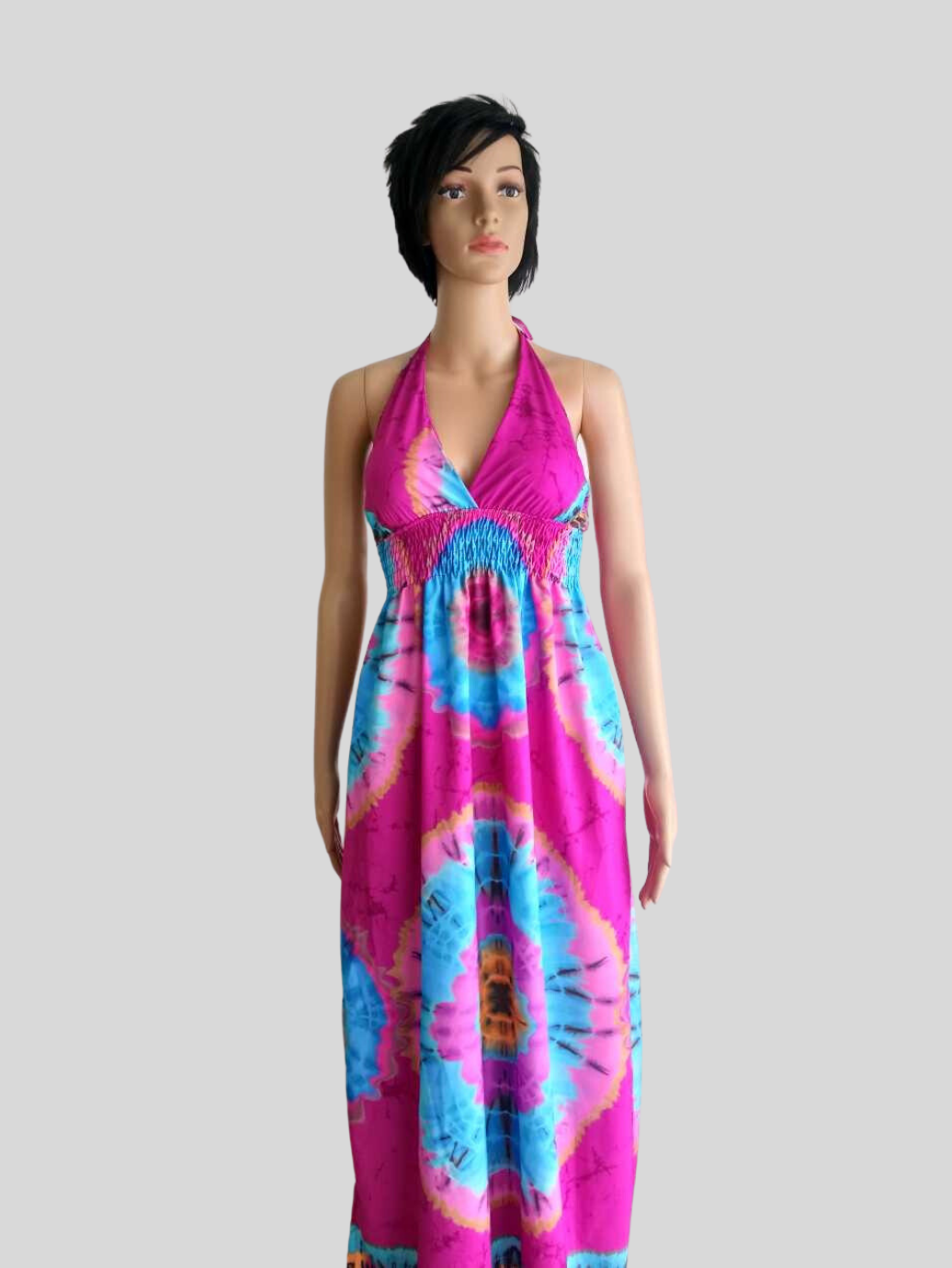 Robe ROSE FUCHSIA imprimée Batik à nouer au cou