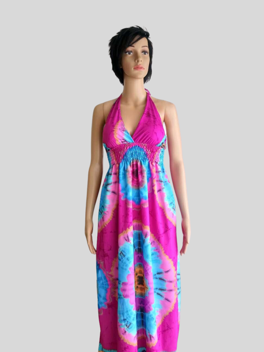 Robe ROSE FUCHSIA imprimée Batik à nouer au cou