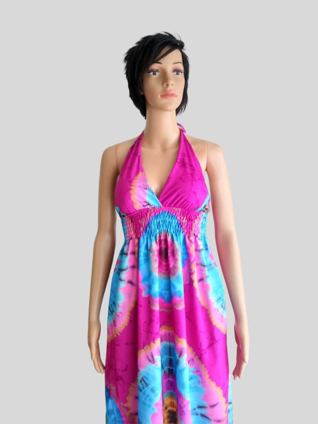 Robe ROSE FUCHSIA imprimée Batik à nouer au cou