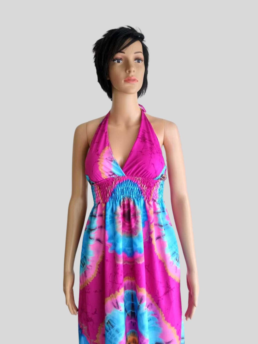 Robe ROSE FUCHSIA imprimée Batik à nouer au cou