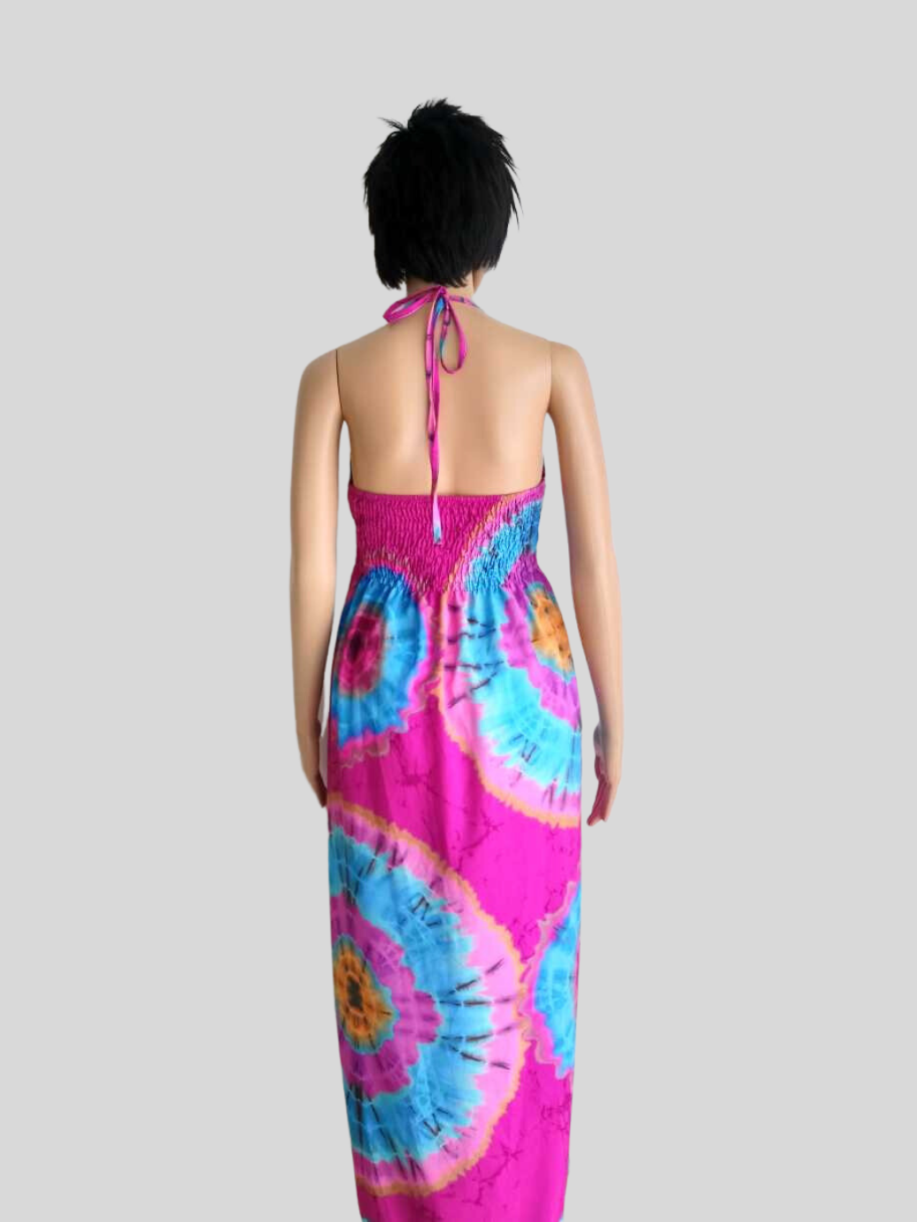 Robe ROSE FUCHSIA imprimée Batik à nouer au cou