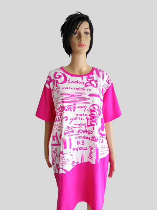 Robe T-Shirt ROSE FUCHSIA imprimée