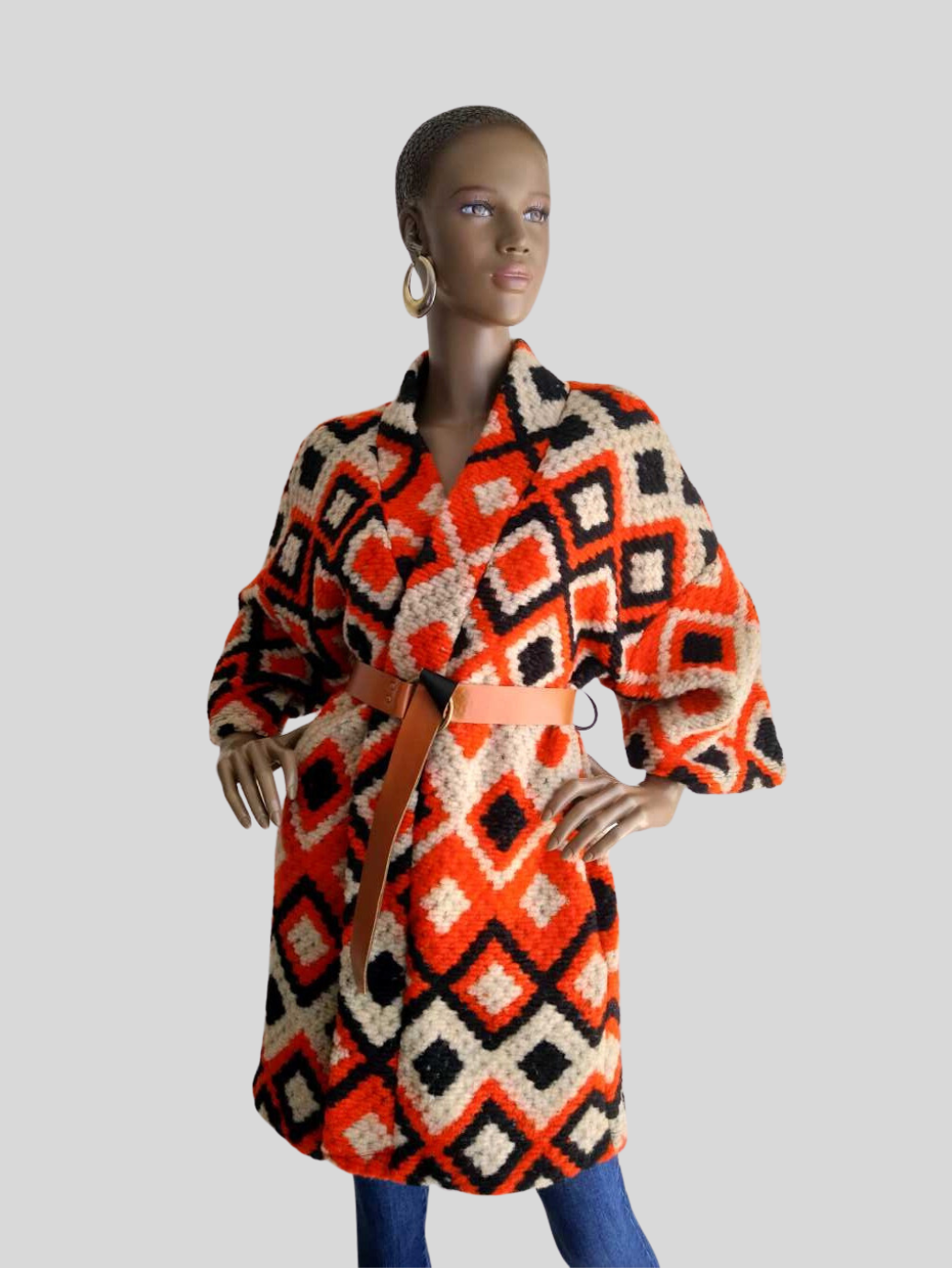 Manteau ORANGE en laine imprimé avec ceinture