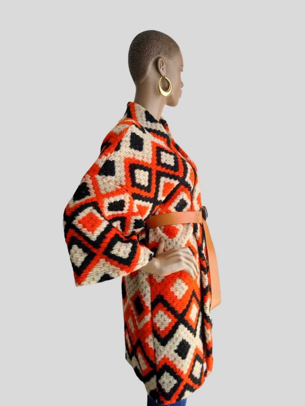 Manteau ORANGE en laine imprimé avec ceinture