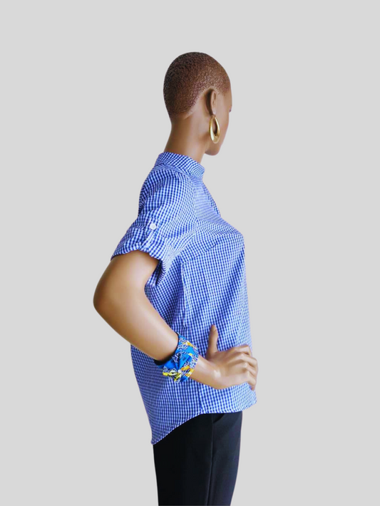 Chemise BLEUE à carreaux col mao