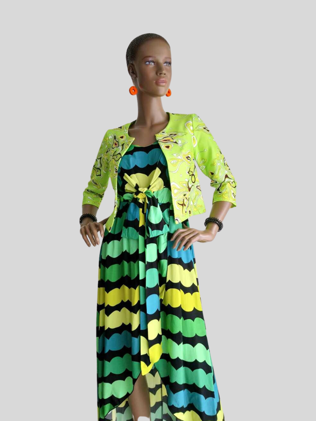 Robe VERTE fendue imprimée à rayures