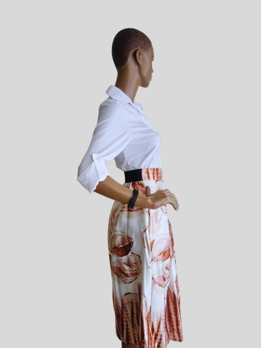 Jupe MARRON à fleurs satinée taille haute