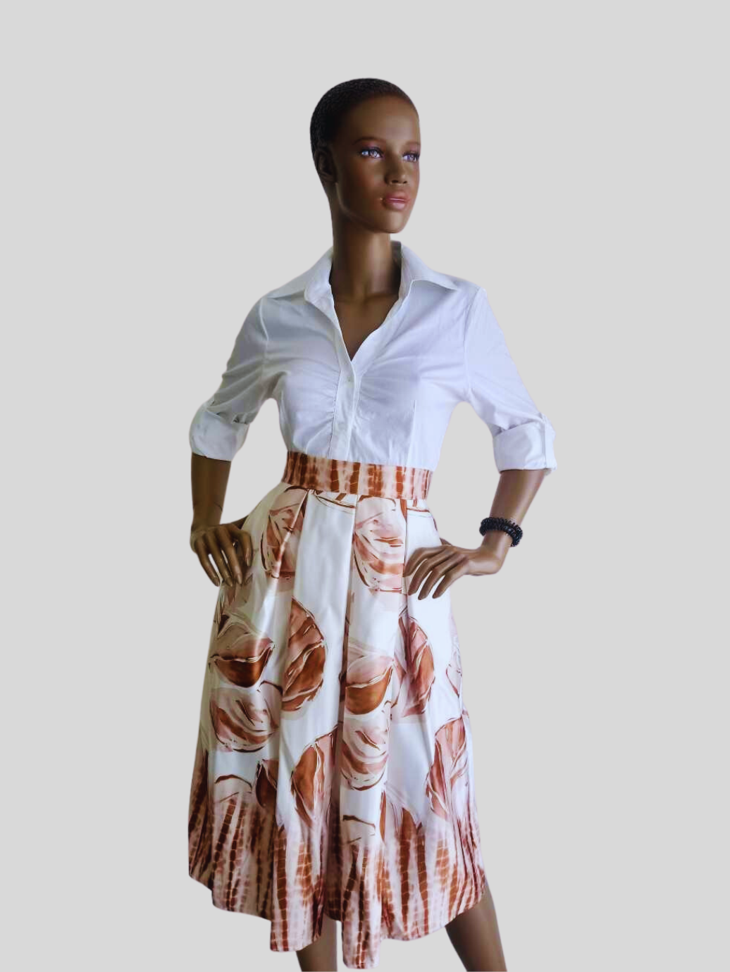 Jupe MARRON à fleurs satinée taille haute