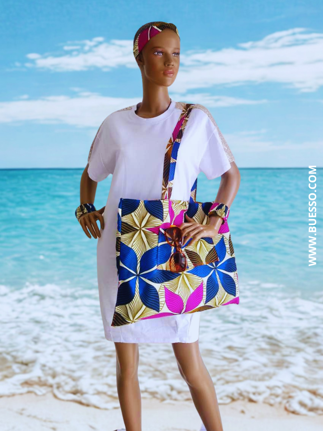 Sac de plage réversible en Wax motif fleuri rose fuchsia & bleu