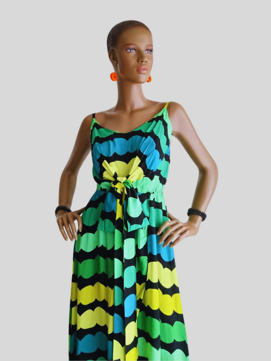 Robe longue fendue à rayures - vert & jaune éclat