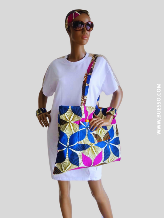 Sac de plage réversible en Wax motif fleuri rose fuchsia & bleu