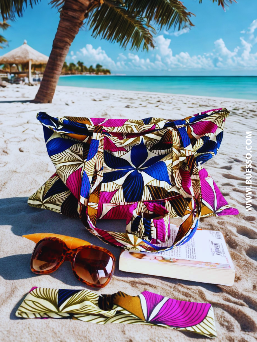 Sac de plage réversible en Wax motif fleuri rose fuchsia & bleu