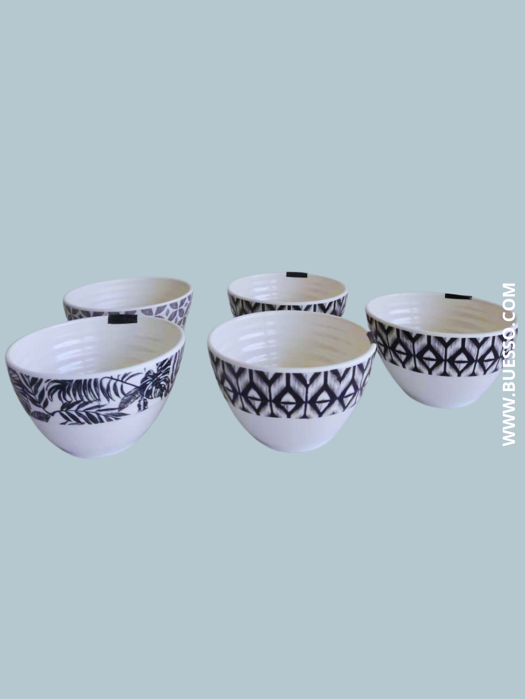 Assortiment de 5 bols noirs & blancs, design graphique pour dessert, soupe, riz, glace