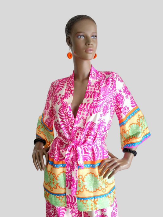 BUESSO - Ensemble pantalon imprimé satiné ROSE FUCHSIA