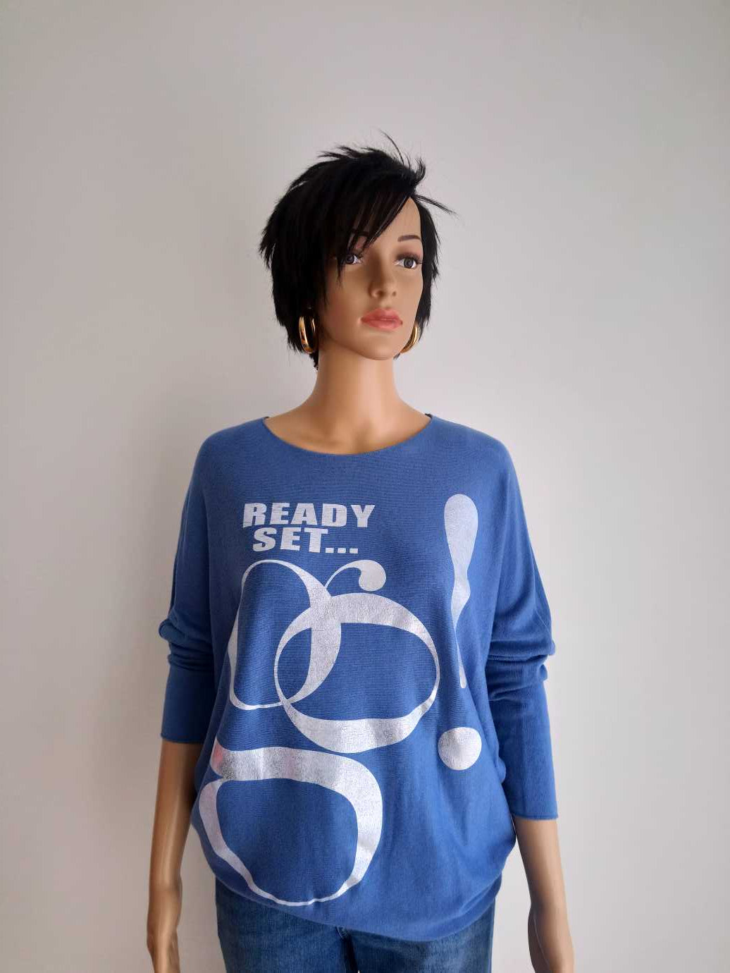 Pull BLEU imprimé à manches chauve souris