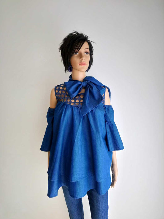 Buesso - Blouse en JEANS avec col lavallière à nouer BLEUE