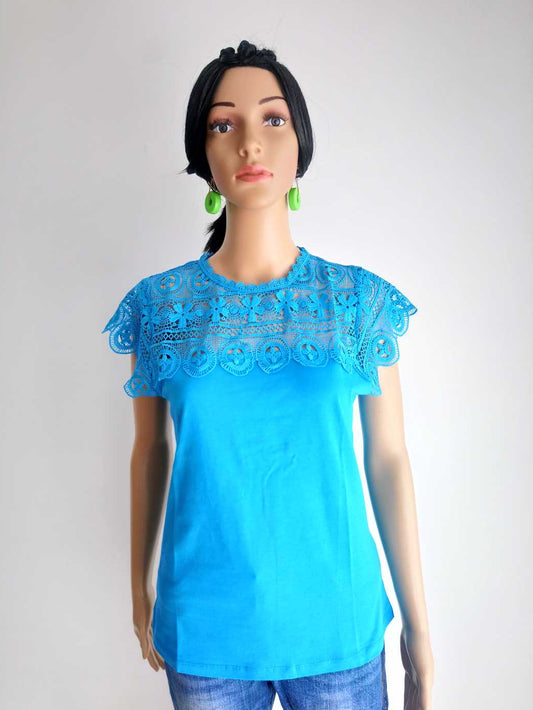 T-shirt BLEU TURQUOISE en dentelle