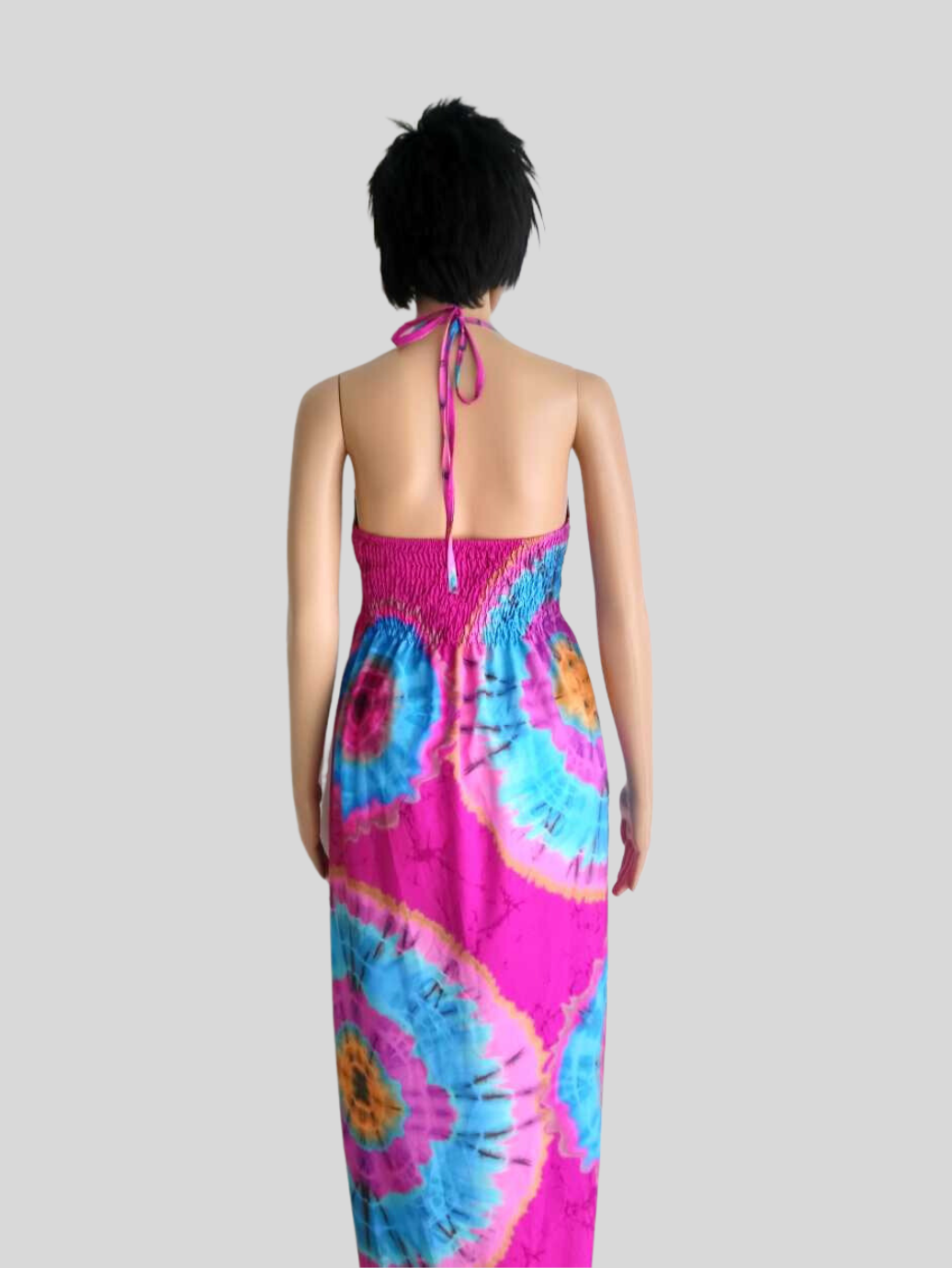 Robe ROSE FUCHSIA imprimée Batik à nouer au cou
