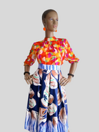 Jupe BLEUE à fleurs satinée taille haute