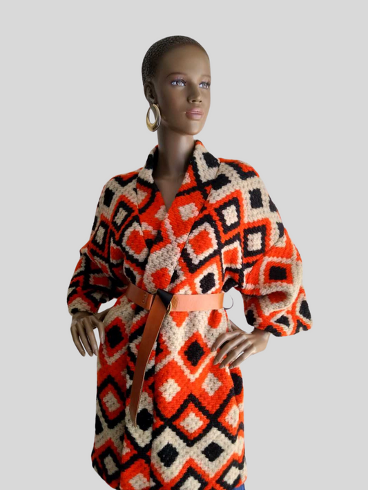 Manteau ORANGE en laine imprimé avec ceinture