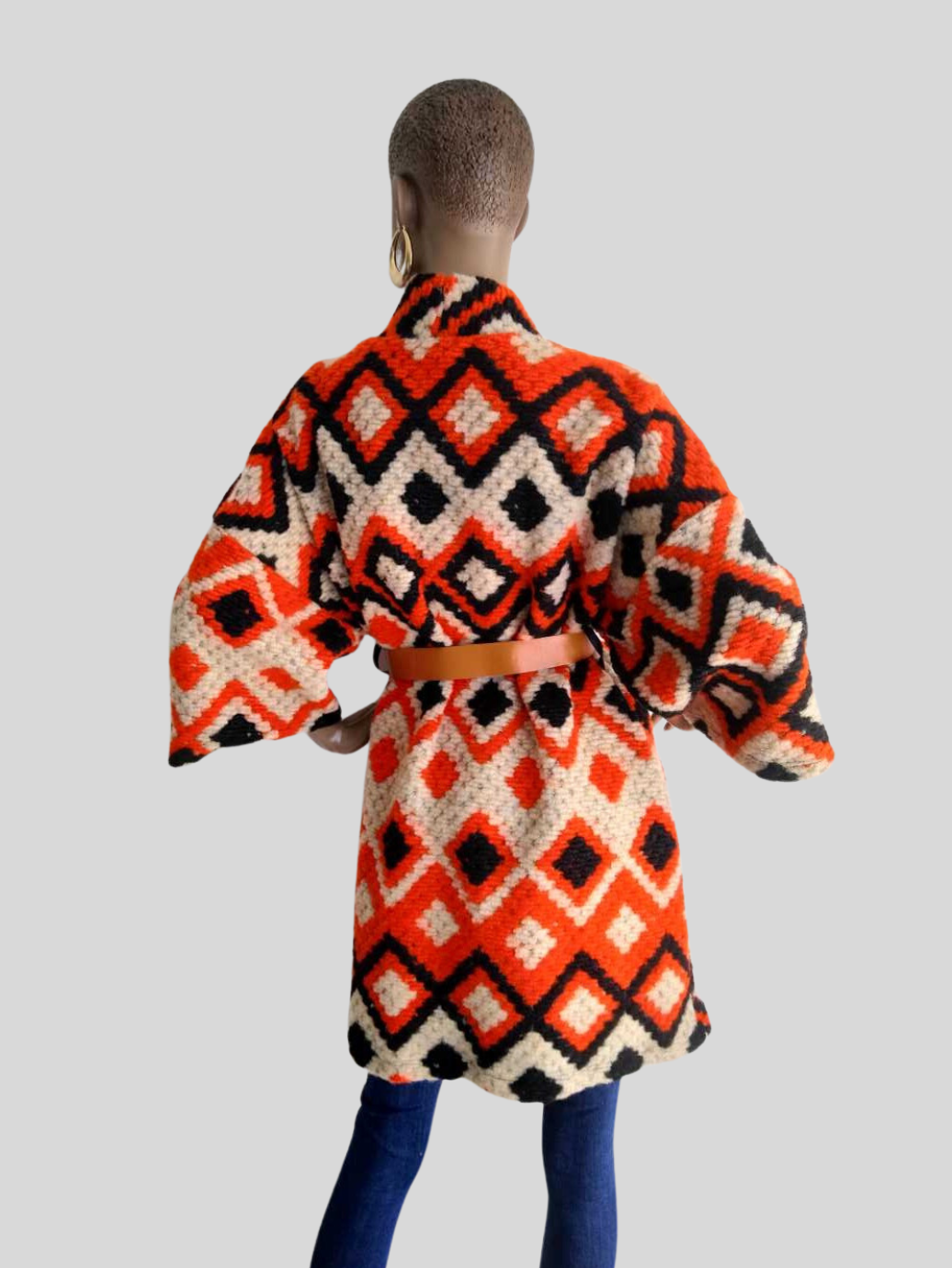 Manteau ORANGE en laine imprimé avec ceinture
