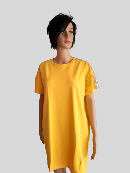 Robe-T-Shirt JAUNE MOUTARDE à paillettes