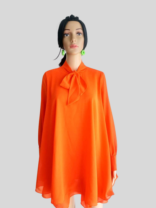 Robe ORANGE à volants avec col lavallière