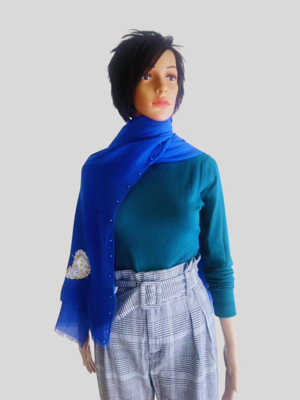 Foulard BLEU COBALT brodé et perlé