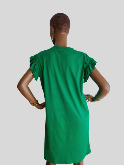 Robe T-Shirt VERTE à manches à volants