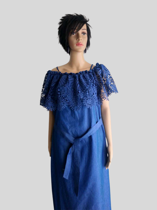 Robe JEANS col bateau en dentelle