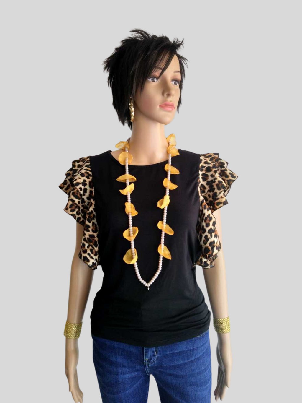 Collier sautoir en pétales de fleurs JAUNE MOUTARDE