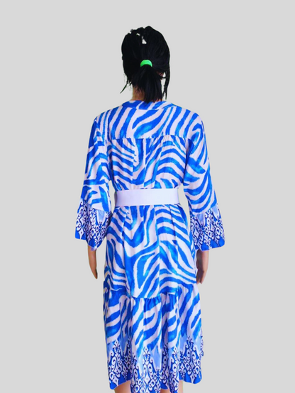 Robe zébrée BLEUE à manches 3/4
