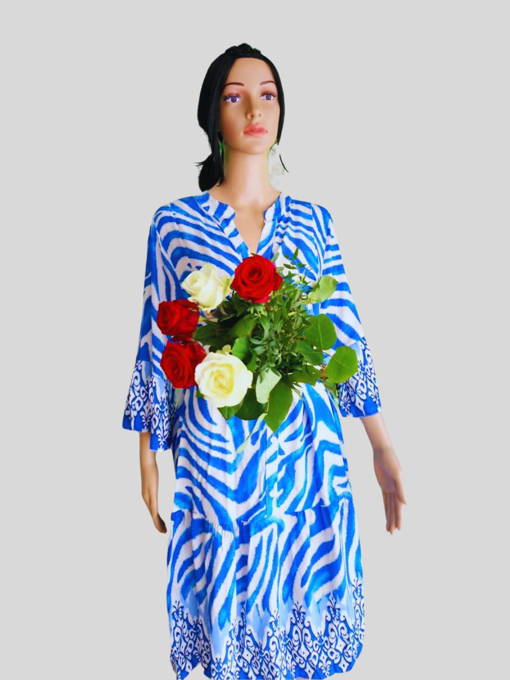 Robe zébrée BLEUE à manches 3/4
