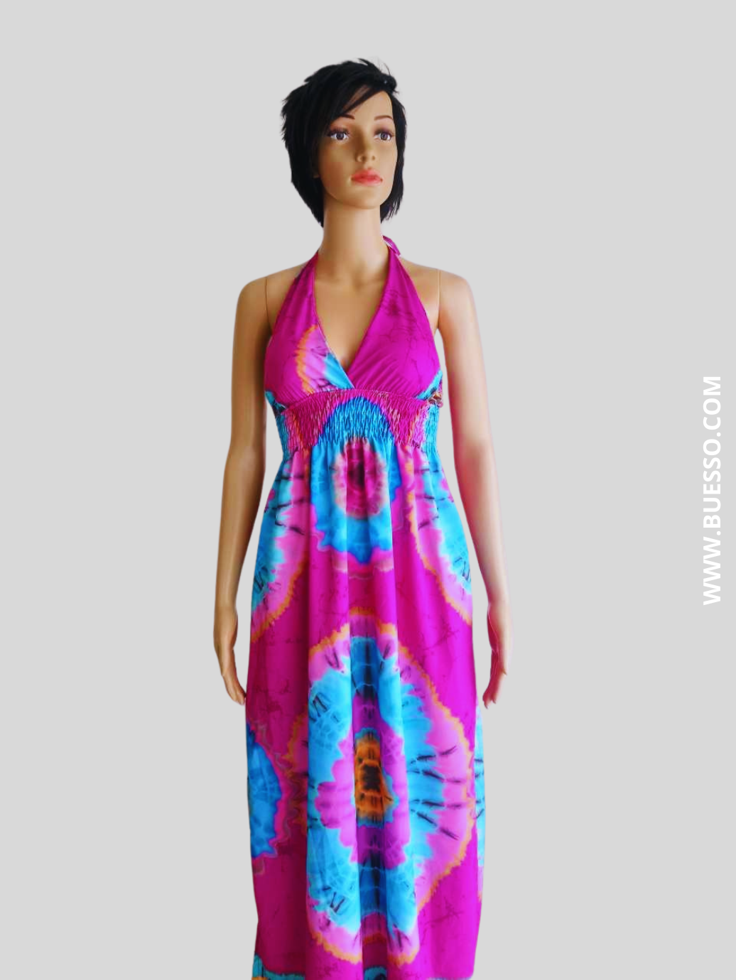 Robe ROSE FUCHSIA imprimée Batik à nouer au cou