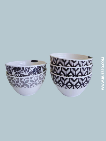 Assortiment de 5 bols noirs & blancs, design graphique pour dessert, soupe, riz, glace