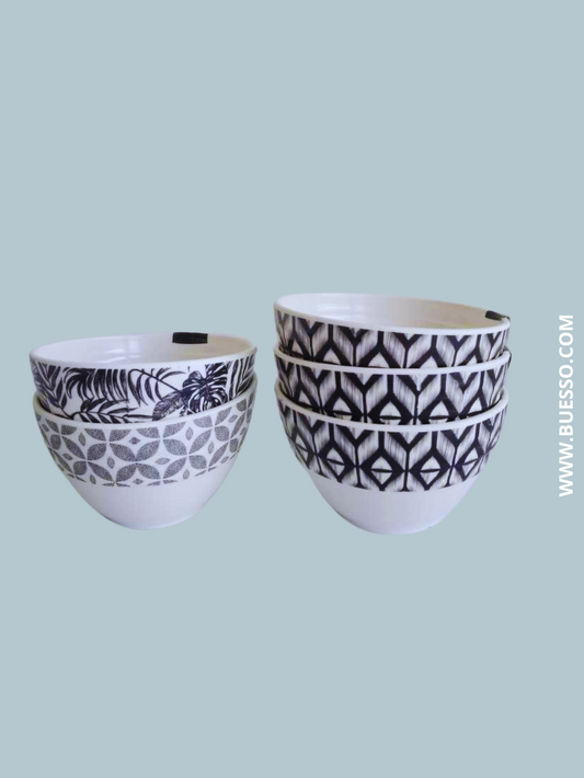 Assortiment de 5 bols noirs & blancs, design graphique pour dessert, soupe, riz, glace