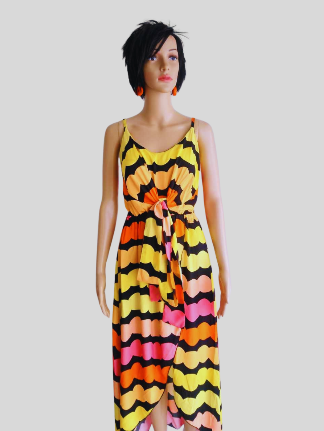 Robe longue fendue à rayures - jaune & pêche pastel