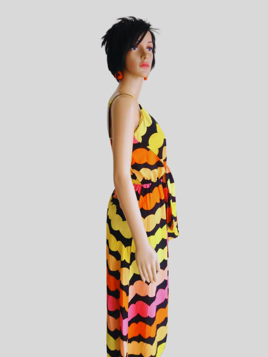 Robe longue fendue à rayures - jaune & pêche pastel