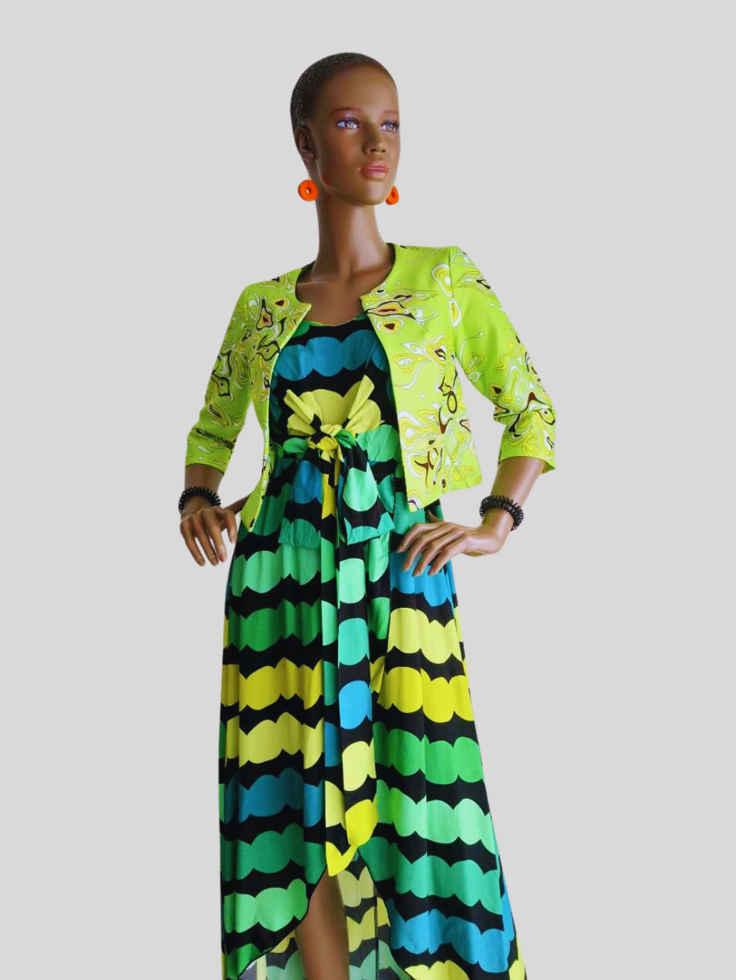 Robe longue fendue à rayures - vert & jaune éclat