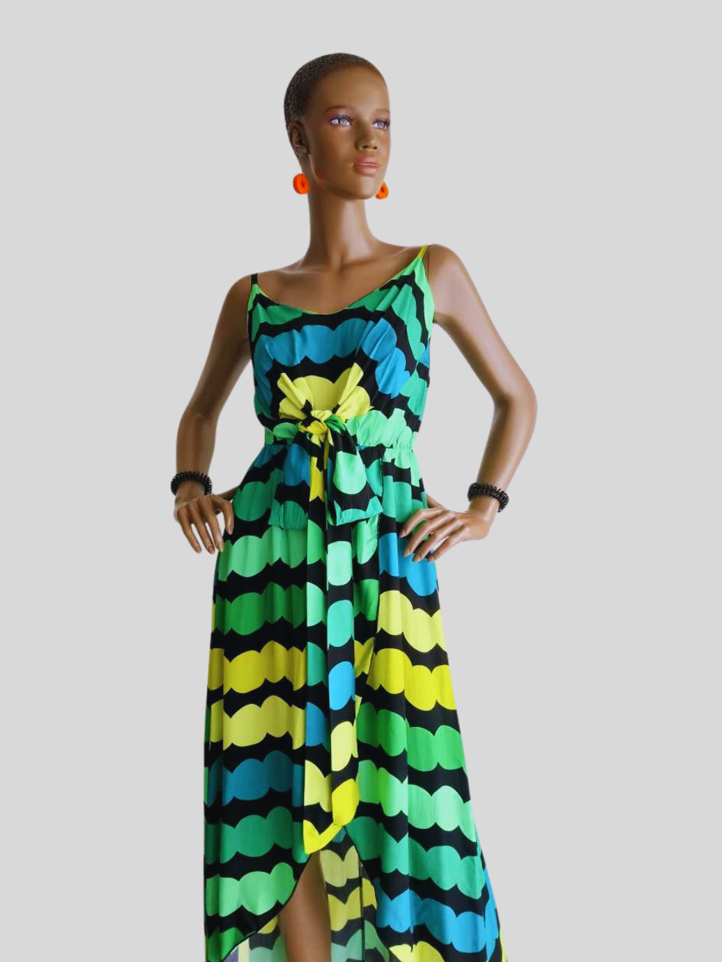 Robe longue fendue à rayures - vert & jaune éclat