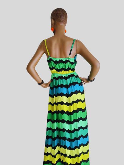 Robe longue fendue à rayures - vert & jaune éclat