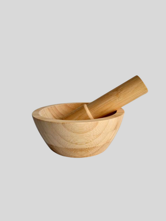 Mortier et pilon en bambou pour épices, herbes, graines, noix