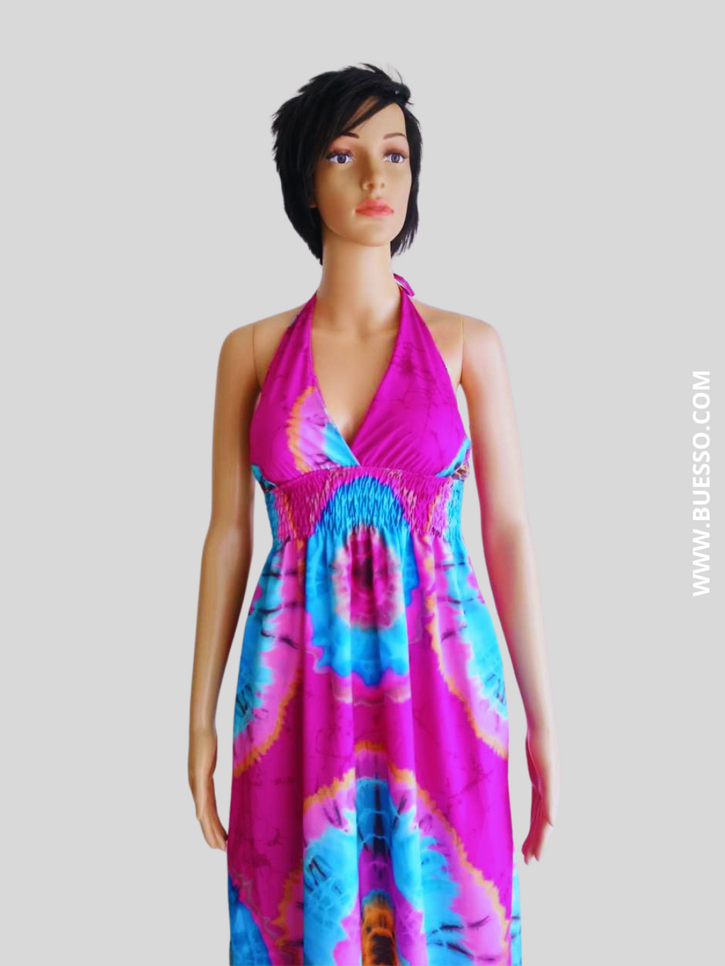 Robe ROSE FUCHSIA imprimée Batik à nouer au cou