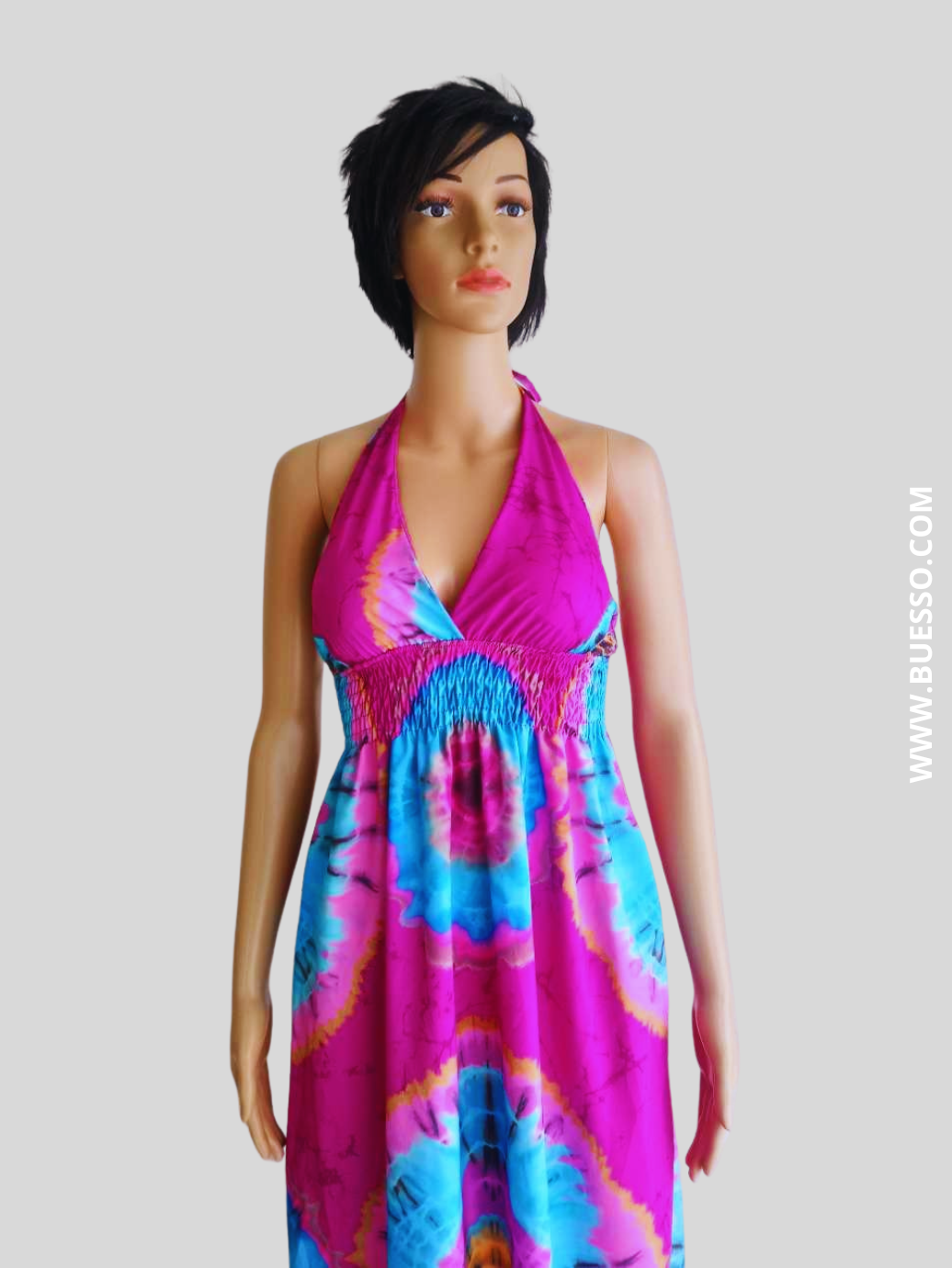 Robe ROSE FUCHSIA imprimée Batik à nouer au cou