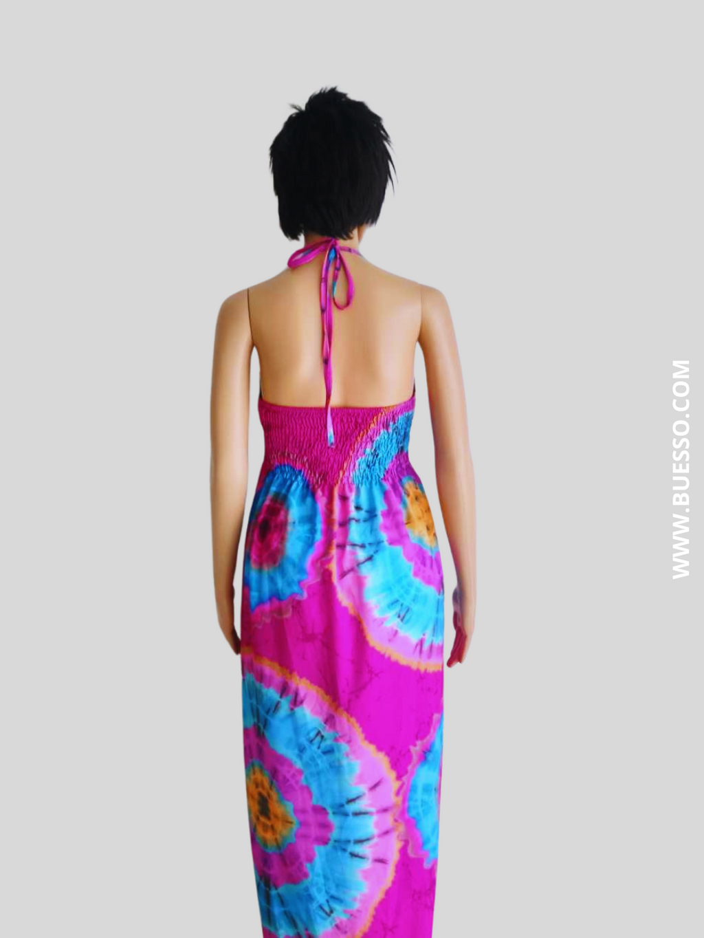 Robe ROSE FUCHSIA imprimée Batik à nouer au cou