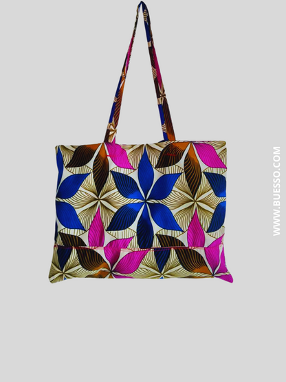 Sac de plage réversible en Wax motif fleuri rose fuchsia & bleu