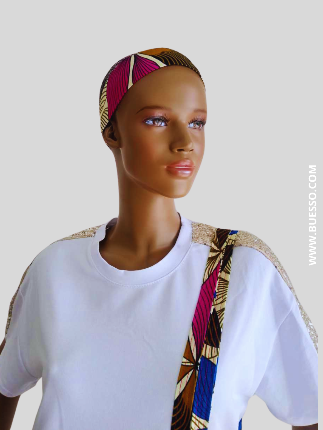 Bandeau croisé en Wax motif fleuri rose fuchsia & bleu fait main en France