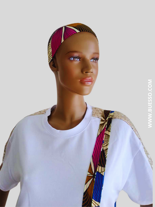 Bandeau croisé en Wax motif fleuri rose fuchsia & bleu fait main en France