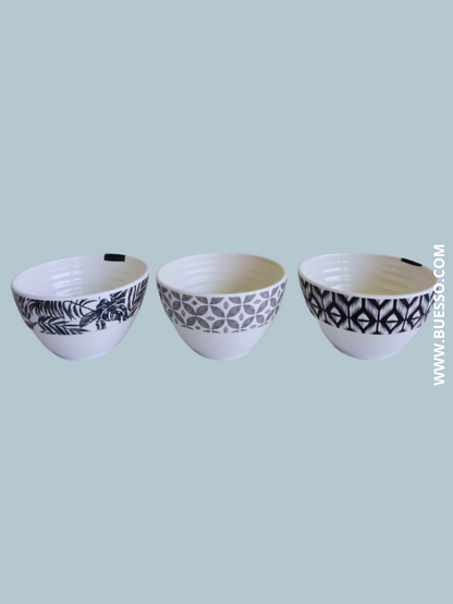 Assortiment de 5 bols noirs & blancs, design graphique pour dessert, soupe, riz, glace