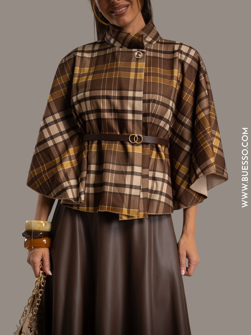Cape femme à carreaux avec ceinture chocolat